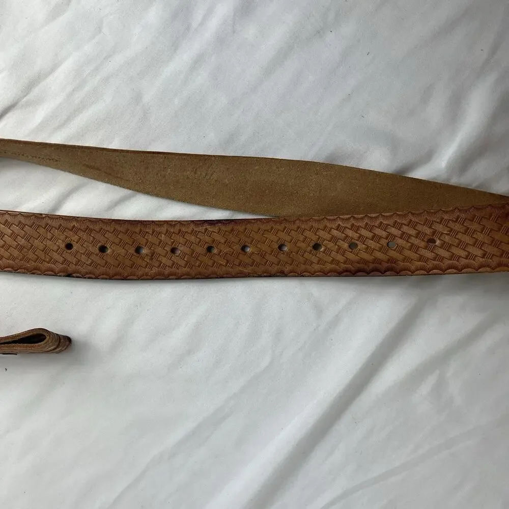 Master Mechanic Hand Tooled camel Belt Size 35 to 45, no buckle, Interchangeable